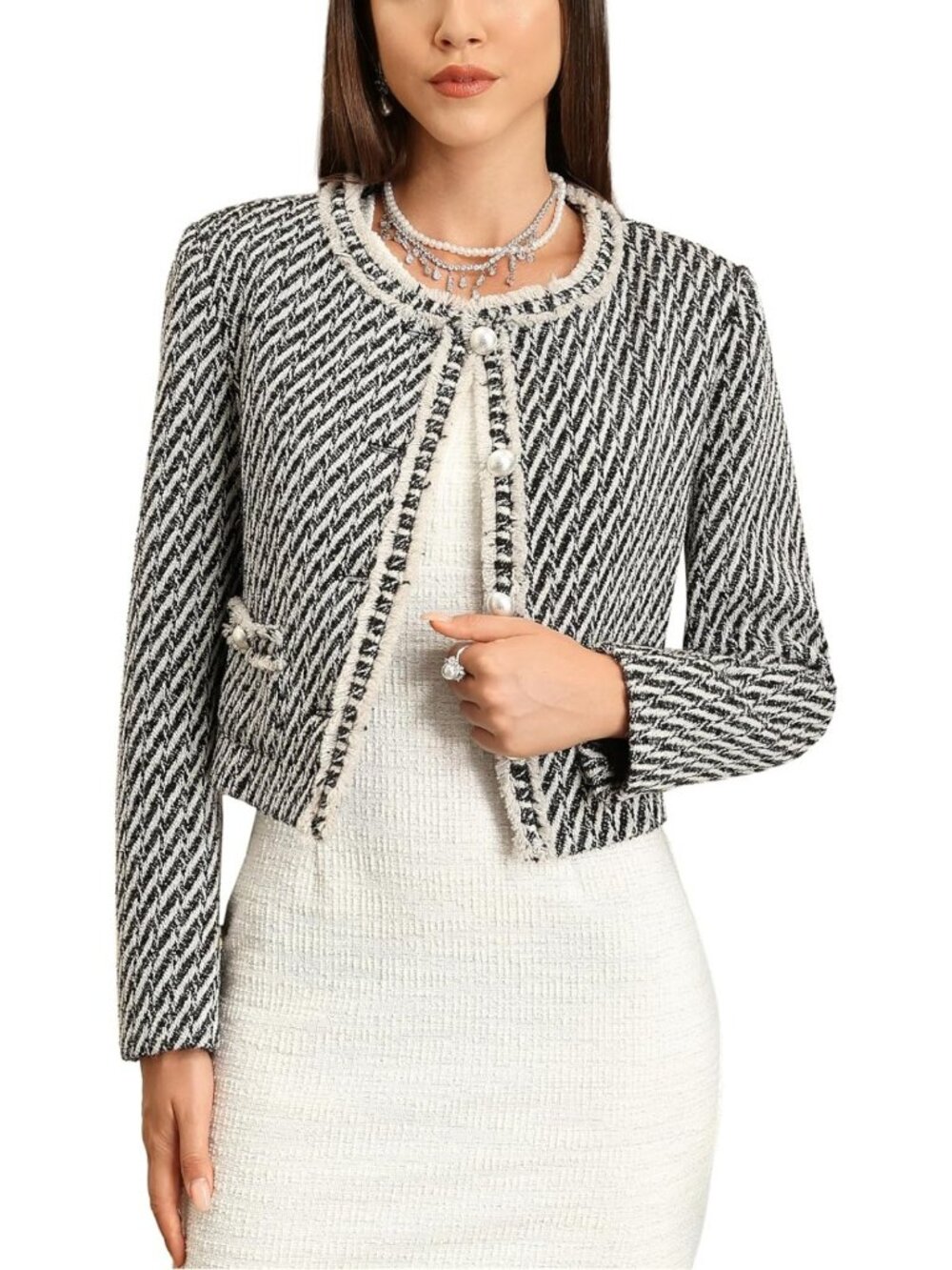 Chic Tweed Blazer Jacket for Women, Cropped Long Sleeve with Pockets, Stylish